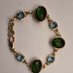 Facted Bezel Set Hannered Detail Green Oval & Blue Cushion Cut Stones